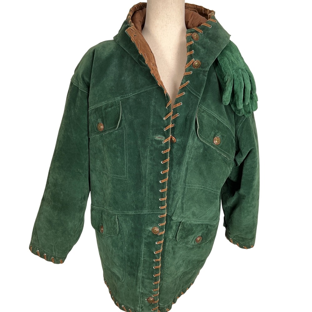 Brandon Thomas Suede 90s Jacket Womens S Green Hood Gloves Leather Grunge Parka